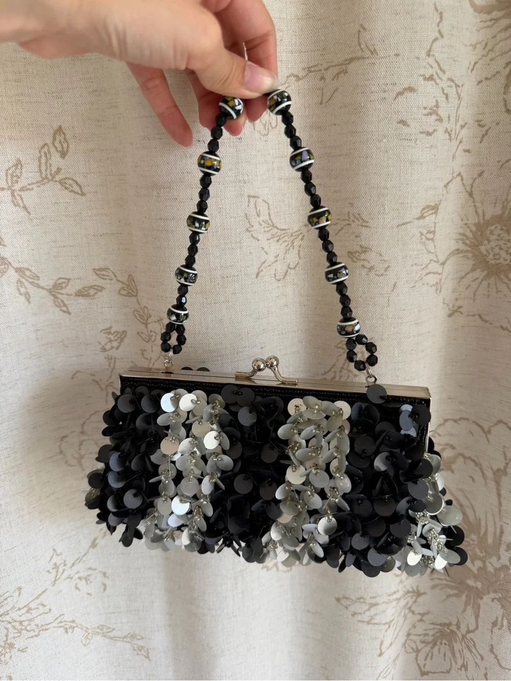Vintage Black & Silver Sequin Beaded Evening Clutch